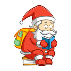 The clever Santa Claus sitting on the book and he also holding a blue book