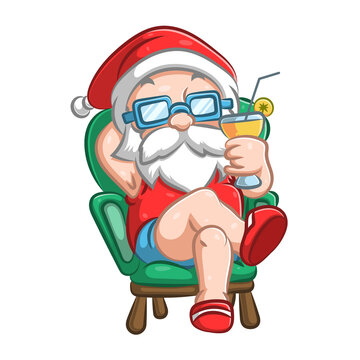 The old Santa Claus sitting with the short pants and holding a glass of orange juice