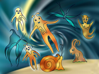 Cute fluid aliens cosmic cartoon characters, humanoid creatures. Mutant aliens in blue outer space.