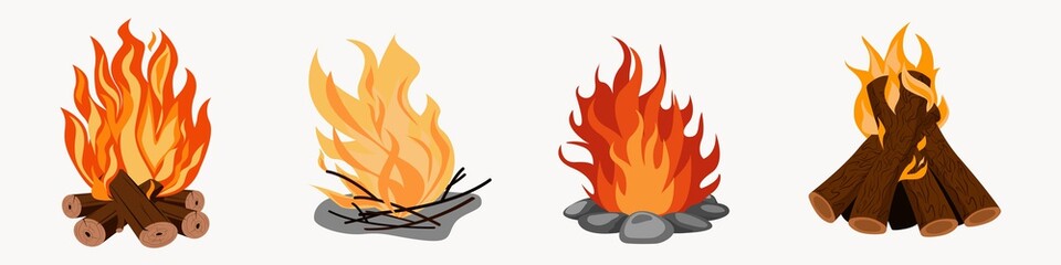 Bonfire set, travel and adventure symbol. Cartoon campfire isolated on white background.