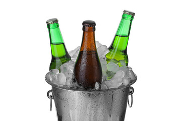 Metal bucket with bottles of beer and ice cubes isolated on white