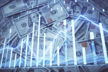 Double exposure of forex graph drawing over us dollars bill background. Concept of financial markets.