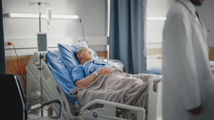 Medical Hospital Ward: Beautiful Chinese Man is Resting on a Bed. Recovering after Successful...