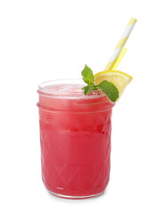 Delicious fresh watermelon drink on white background