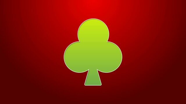Green line Playing card with clubs symbol icon isolated on red background. Casino gambling. 4K Video motion graphic animation