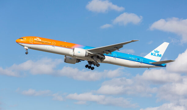 Chicago, USA - November 17, 2020: KLM Boeing 777-300 displaying the Orange Pride livery approaching O'Hare International Airport.