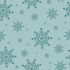 Seamless pattern of geometric dark green snowflakes different sizes on light green background. Flat style winter holiday and Happy New Year concept. Christmas ornament for textile or wrapping paper