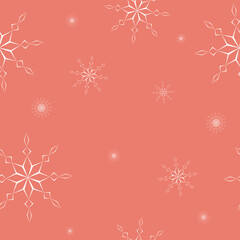 Seamless pattern of geometric white snowflakes different sizes on coral background. Flat style winter holiday and Happy New Year concept. Christmas ornament for textile or wrapping paper