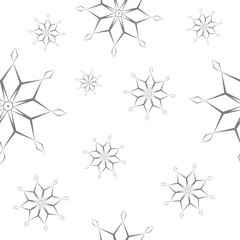 Seamless pattern of geometric dark grey hollow snowflakes different sizes on white background. Flat style winter holiday and Happy New Year concept. Christmas ornament for textile or wrapping paper