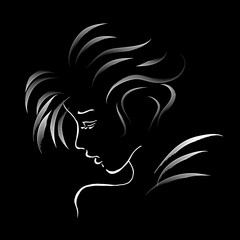The face of a beautiful young girl on black background. Stylish women's hairstyle. Vector line art illustration. Drawing a promotional banner for a beauty salon hairdressing make-up.
