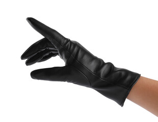 Woman wearing black leather glove on white background, closeup