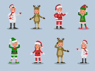 Set of kids boy and girl wearing Christmas costumes character vector design. Presentation in various action with emotions. no2