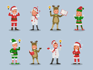 Set of kids boy and girl wearing Christmas costumes character vector design. Presentation in various action with emotions. no3
