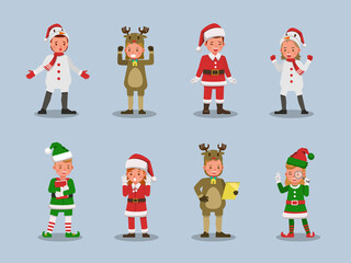 Set of kids boy and girl wearing Christmas costumes character vector design. Presentation in various action with emotions. no12