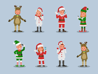 Set of kids boy and girl wearing Christmas costumes character vector design. Presentation in various action with emotions. no13