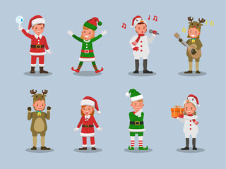 Set of kids boy and girl wearing Christmas costumes character vector design. Presentation in various action with emotions. no15