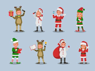 Obraz premium Set of kids boy and girl wearing Christmas costumes character vector design. Presentation in various action with emotions. no17