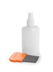 Spray and metal comb for anti lice treatment on white background