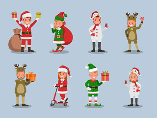 Set of kids boy and girl wearing Christmas costumes character vector design. Presentation in various action with emotions. no26