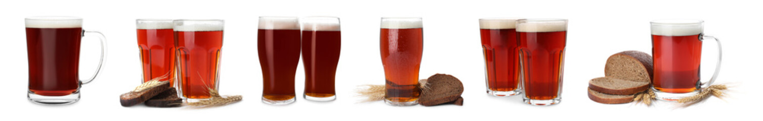 Collage with delicious kvass on white background. Banner design