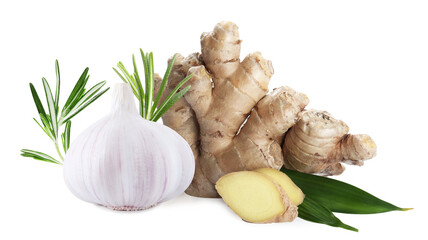 Ginger root, garlic and rosemary on white background