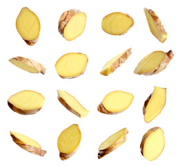 Set of fresh ginger slices on white background