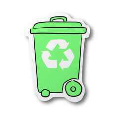 Vector illustration black line hand drawn of green recycle bin and sign on cut paper with shadow isolated on white background