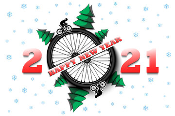 Happy new year 2021 and bicycle wheel with Christmas trees on an isolated background. Cyclist in motion. Design pattern for greeting card. Vector illustration