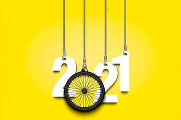 2021 New Year and bicycle wheel as a Christmas decorations hanging on strings. 2021 hang on cords on an isolated background. Design pattern for greeting card. Vector illustration