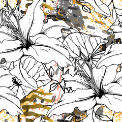 Fototapeta premium Floral Black White Pattern. Modern Watercolor