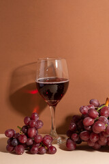 Fresh bunch of grapes with glass of tasty red wine on beige background with shadow on the wall. Wine time. Food concept.