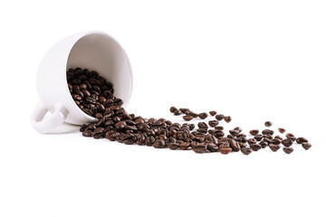Coffee beans in coffee cup isolated on white background.