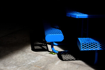 Blue Picnic Bench Devoured by Shadows