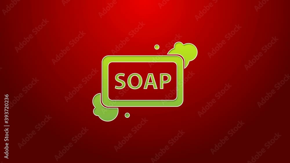 Poster green line bar of soap with foam icon isolated on red background. soap bar with bubbles. 4k video mo