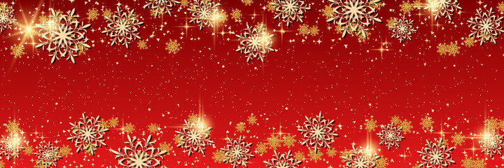 Fototapeta na wymiar Christmas and New Year vector banner template. Red vector background with stars, glitter effect and snowflakes