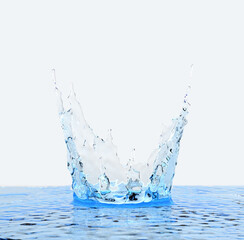 Blue liquid or water splash in shape of crown with small water drops 3d illustration