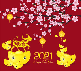 Fototapeta premium Happy Chinese New Year 2021 with cherry blossom and gold ingots design. Year of the Ox, invitation, posters, brochure, calendar, flyers, banners