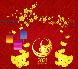 Oriental Happy Chinese New Year 2021. Year of the Ox with lantern and plum blossom