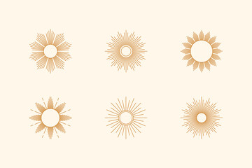 Big set of Sun shapes and Sunburst in minimal trendy style. Vector Icon, logo, labels, badges isolated. Boho illustration for t-shirts print, wall art, patterns