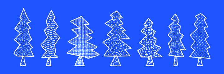 Set of stylized Christmas trees, abstract imitation. Different textures, hand-drawing. Vector illustration.	