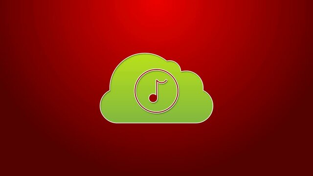 Green line Music streaming service icon isolated on red background. Sound cloud computing, online media streaming, online song, audio wave. 4K Video motion graphic animation