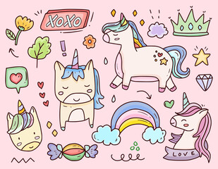 Set of cute unicorn sticker cartoon doodle drawing set collection vector illustration
