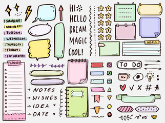 Cute bullet journal notes to do list drawing doodle vector collection - obrazy, fototapety, plakaty