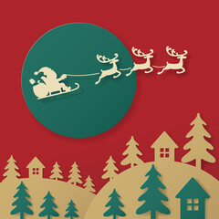 Santa paper cutting art with reindeers and cart is flying in the sky.