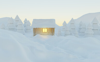 House in the snow. Christmas trees on the background of Snowfall. Winter landscape. 3d render.