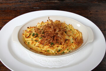 Austrian, Bavarian cheese spaetzle with crispy onions