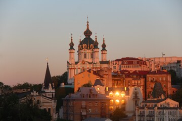 Fototapeta premium St. Andrew's Church was built in the Baroque style in 1749-1754 by the architect Rastrelli. It is located on Andreevskaya Hill above the historical part of Podol. Kiev city.