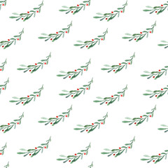 Branches and holly berries on white background watercolor christmas seamless pattern