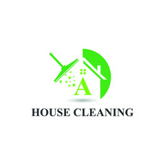 House Cleaning Service with Initial A Letter, broom and shiny icon Concept Logo Design Template. Home maintenance business	