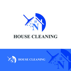 House Cleaning Service with Initial N Letter, broom and shiny icon Concept Logo Design Template. Home maintenance business	
